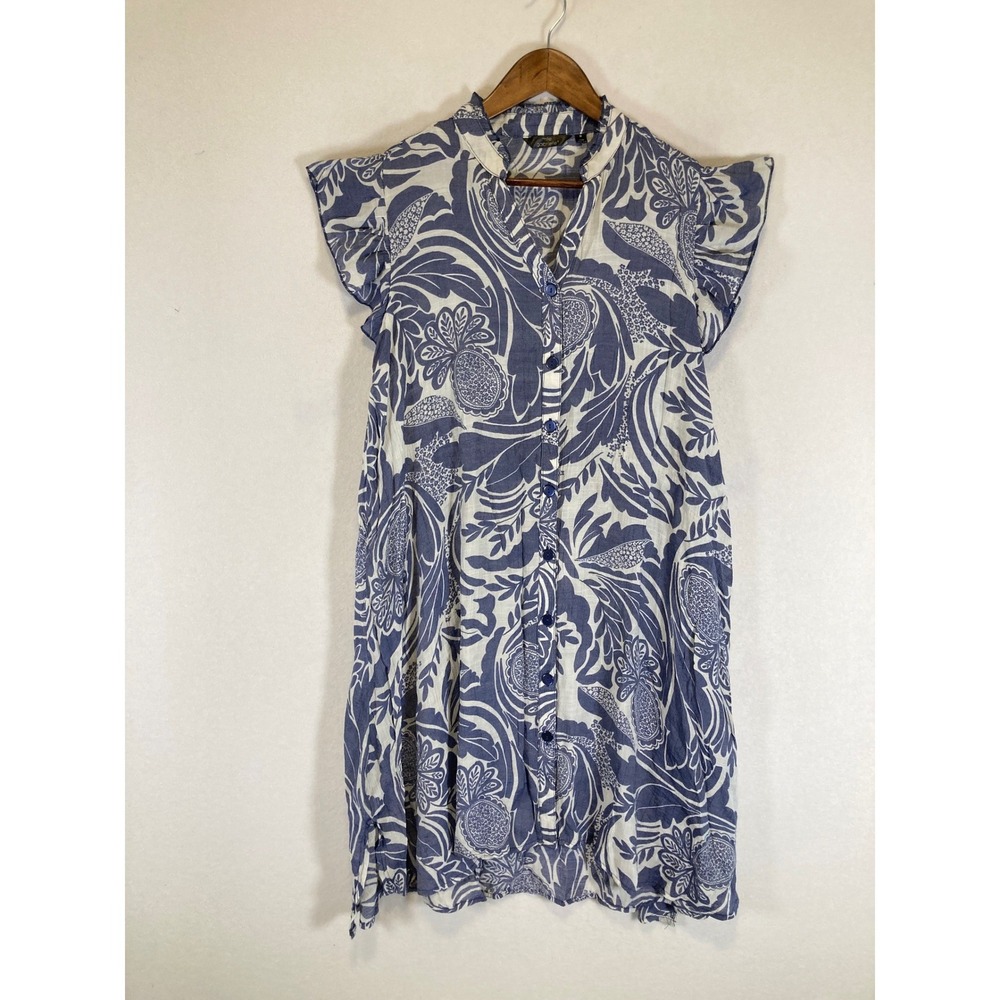 Boho Coastal Mlle Gabrielle Women Medium Blue White Botanical Ruffle Shift Dress